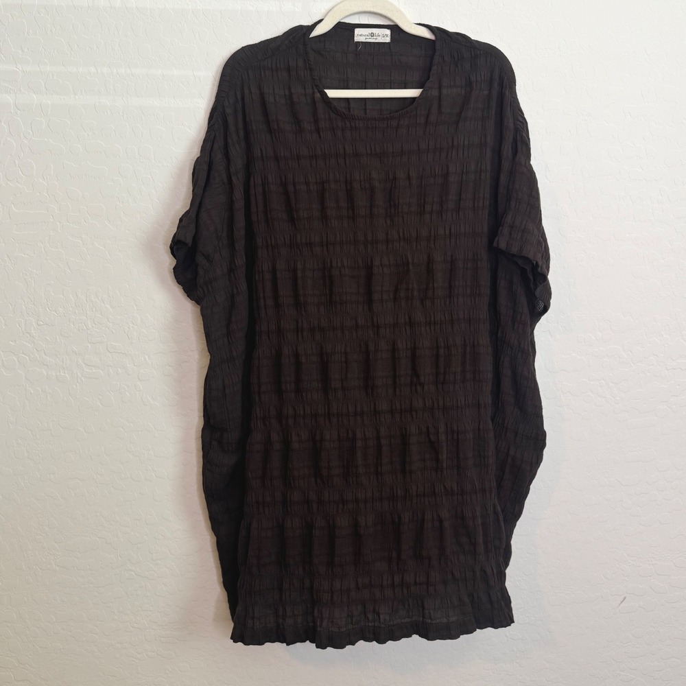 Natural Life Womens Tunic Dress S/M Brown Smocked Crinkle Oversized Boho Pocket
